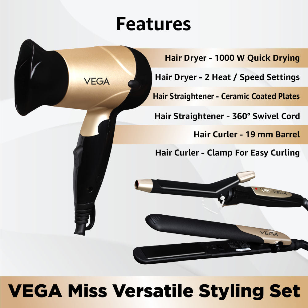 Vega Miss Versatile Styling Set - Hair Dryer, Straightener, and Curler